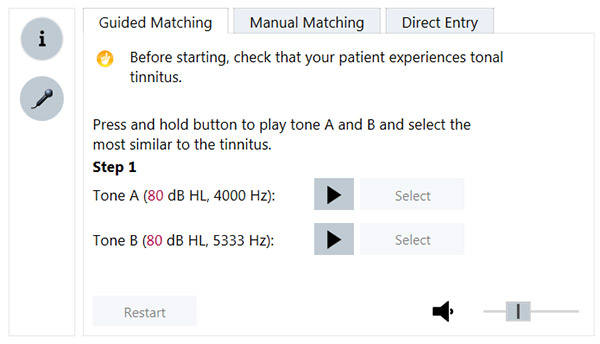 Fréquence et intensité du tinnitus tonal sont identifiées à choix de manière automatisée, par comparaison ou par entrée manuelle.