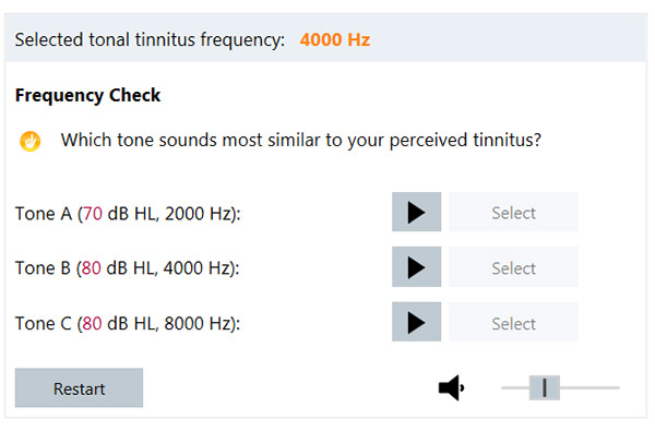 Avec l’étape finale de validation, vous pouvez contrôler que la fréquence du tinnitus a été correctement identifiée.